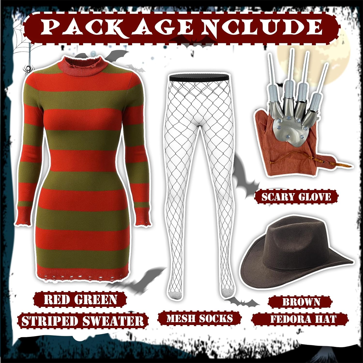 Unisex Halloween Costume for Women Adult Scary Killer Knitted Striped Dress with Brown Hat Glove and Mesh Stockings Cosplay